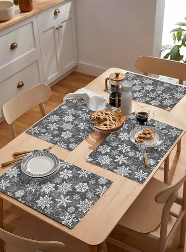Christmas Placemat 1PC, Grey White Snowflakes Pattern Heat Resistant Washable Table Place Mats Winter Cotton Table Linens Party Holiday Decor for Kitchen Dining Outdoor Indoor