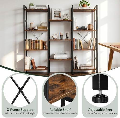 Triple Bookshelf, Free Standing Bookcase with Open Storage Shelves