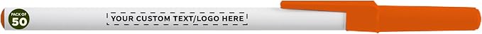 DISCOUNT PROMOS Custom Value Stick Pens Set of 50, Personalized Bulk Pack - Blue Ink, Great for Office, School, Business, Tradeshows, Events - Orange Cap