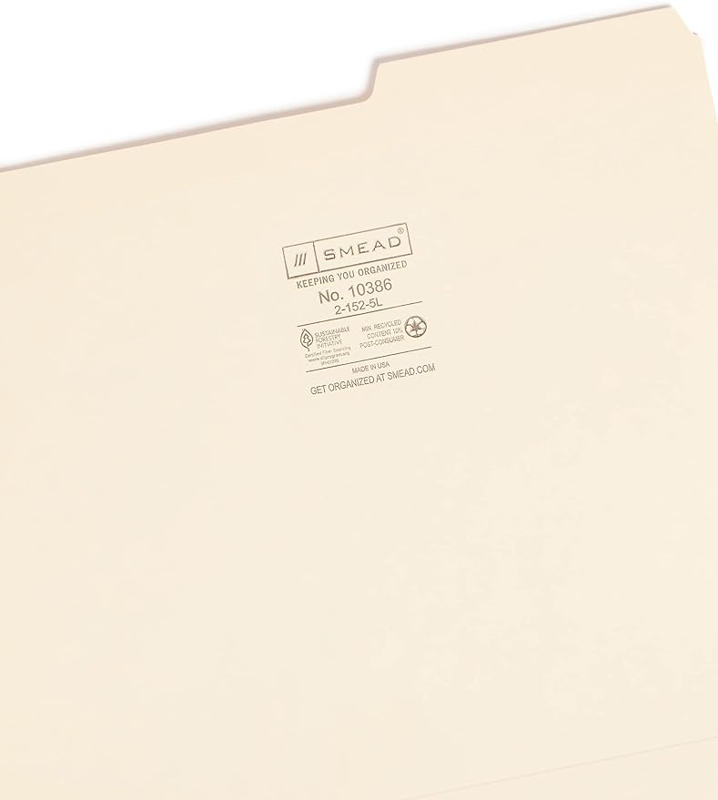 Smead File Folder, Reinforced 2/5-Cut Right Position Tab, Guide Height, Letter Size, Manila, 100 Per Box (10386)