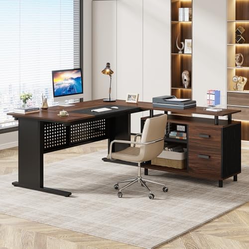 Tribesigns 63 Inch Executive Desk with File Cabinet, L Shaped Office Desk