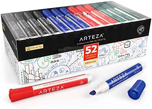 ARTEZA Dry Erase Markers, 52-Pack, Chisel Tip, 4 Assorted Colors, Low-Odor Ink for Whiteboards, Classroom, Office, or Home Use