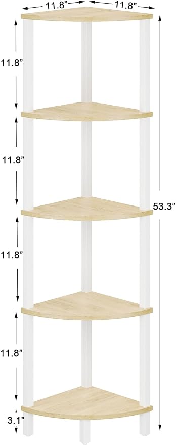 VIMBER Corner Shelf, 5-Tier Corner Bookshelf, Industrial Corner Ladder Shelf, Rustic Display Shelf for Living Room, Bedroom, Kitchen, Home Office, White and Nature Wood Color UJSJ001Q