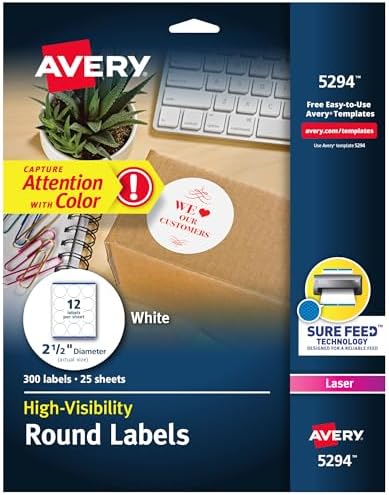 Avery® Round Printable Labels, 2.5" Diameter, Matte White, Sure Feed® Technology, Laser & Inkjet Compatible, 300 Blank Labels Total, Great for Branding, Packages, School Supplies, and More (5294)
