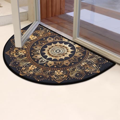 Half Round Door Mat Mandala Boho Bohemian Black Non Slip Washable Semi Circle Area Rug Absorbent Soft Half Moon Rug Floor Mat for Indoor Outdoor Kitchen Bathroom Patio Front Door Mat Decor