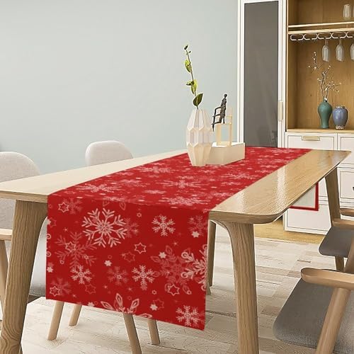 Red Snowflakes Christmas Table Runner, Seasonal Winter Holiday Kitchen Dining Table Decoration for Home Party Decor 13x120 Inch