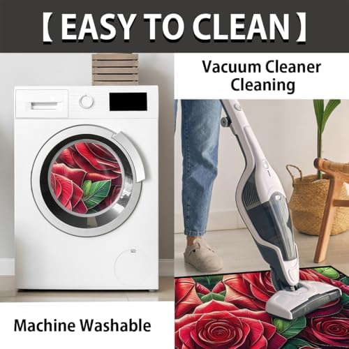 Valentine Rose Flower Half Round Door Mat Non Slip Washable Semi Circle Area Rug Absorbent Soft Half Moon Rug Floor Mat for Indoor Outdoor Kitchen Bathroom Patio Front Door Mat Decor