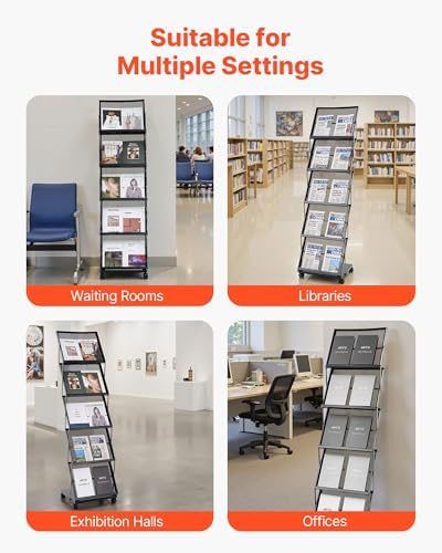 VEVOR Brochure Display Rack, Foldable 5 Pockets Magazine Literature Display Stand, Movable Floor Standing Magazine Rack with Wheels, Metal Newspaper Catalog Holders for Shop Exhibitions Office Show