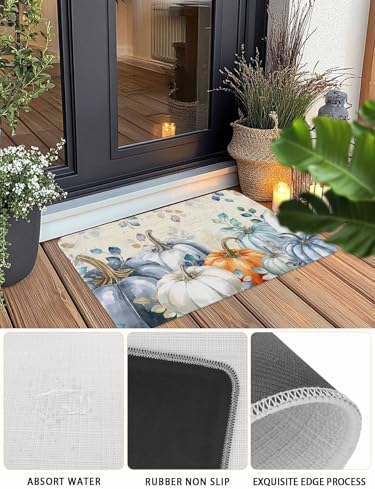 Fall Door Mat Blue Pumpkin Doormat Eucalyptus Leaves Branch Harvest Thanksgiving Welcome Mat Non Slip Rubber Entryway Front Rug Floor Mat for Indoor Outdoor Kitchen Autumn Holiday Home Decor 18x30