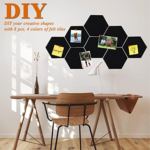 8Pcs Hexagon Felt Cork Board Tiles, Self Adhesive DIY Bulletin Board Pin Board for Office School Home Wall Decor Stickers Memos Photos Display (Black)