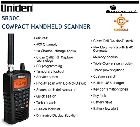 Uniden Bearcat SR30C, 500-Channel Compact Handheld Scanner, Close Call RF Capture, Turbo Search, PC programable, NASCAR, Racing, Aviation, Marine, Railroad.