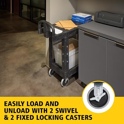 Rubbermaid Commercial Products Heavy Duty 2-Shelf Utility/Service Cart, Small, Flat Shelves, Ergonomic Handle, 500 lbs. Capacity, for Warehouse/Garage/Cleaning/Maintenance