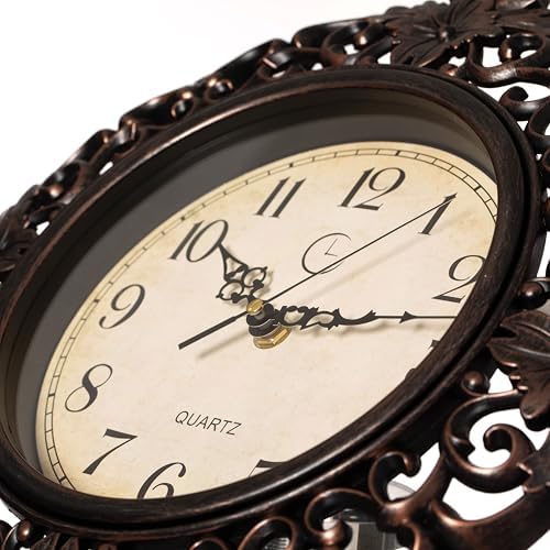 Clockswise 11" Classic Round Decorative Hanging Wall Clock with Ornate Floral Scroll Frame in Vintage Distressed Finish for Home Entryway Living Room Bedroom Kitchen Office Hotel & Restaurant, Brown