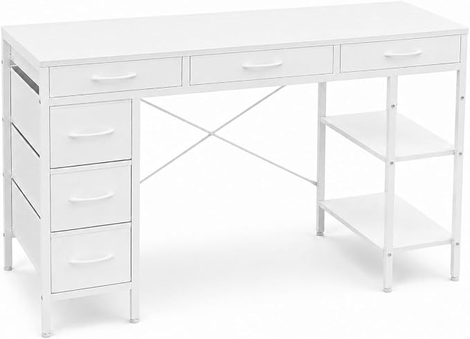 Simple Deluxe Computer Desk with 6 Drawers, 55 Inch Office Workstation with Storage Shelves, Reversible Corner Gaming Table, Home Office Study Desk with Fabric Organizer, White