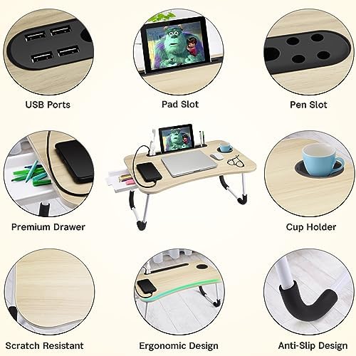 Slendor Bed Desk for Laptop and Writing with Storage, Cup Holder, Light