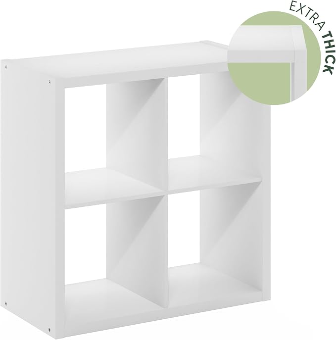 Furinno Cubicle Book Shelf, 4-Cube Bookshelf, Extra Thick Frame Reversible Bookcase with Open Back, 14.6 x 30 x 30, for Living Room, Bedroom, Home Office, Plain White