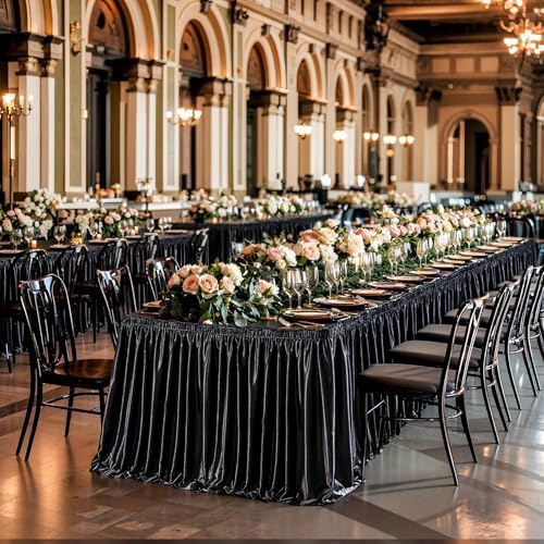 Wish Care 21ft Black Satin Long Table Skirt for Rectangle Tables Wrinkle Free Teacher Desk Skirt Glitter Ruffle Table Skirting Cloth for Back to School Classroom Office Dorm Birthday Party Table Decor