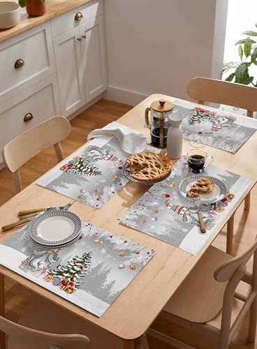 Christmas Gnome Placemats Set of 6, Winter Merry Christmas Tree Balls Heat Resistant Washable Table Place Mats Grey Cotton Table Linens Party Holiday Decor for Kitchen Dining Outdoor Indoor