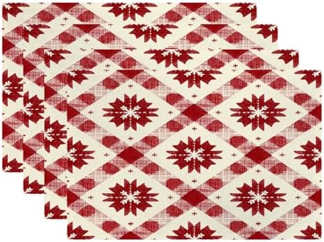 Batmerry Buffalo Check Snowflakes Linen Placemats Set of 4, Christmas Red Ivory Pattern Washable Table Mats for Kitchen Table Thickened Heat Insulation Dining Set Indoor Outdoor 12X18 in