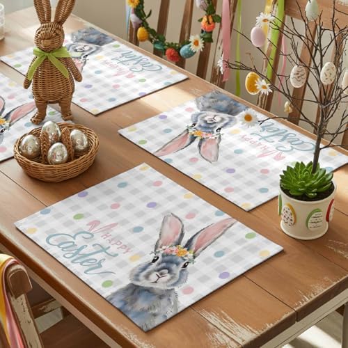 Easter Placemats Set of 6, Floral Bunny Place Mats Washable Dining Table Mats Spring Holiday Party Decor for Kitchen&Linens Outdoor Indoor, Polka Dots Grey Buffalo Plaid
