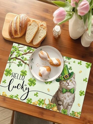 Lucky Cat St. Patrick's Day Placemats Set of 4, Green Spring Shamrocks Tree Heat Resistant Washable Dining Table Mats Spring Holiday Farmhouse Decor for Kitchen&Table Linens Outdoor Indoor,