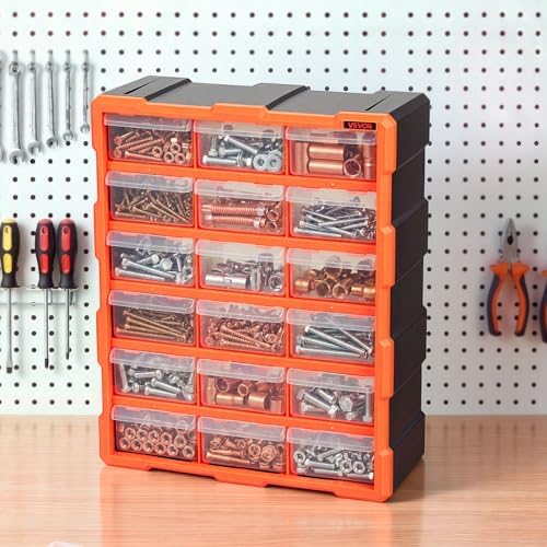VEVOR 18-Drawer Storage Organizer, Plastic, Drawer Storage Cabinet for Garage Organization, Stackable Small Parts Organizer, Wall-Mounted Toolbox, for Hardware, Beads, Screws, Crafts, Building Bricks