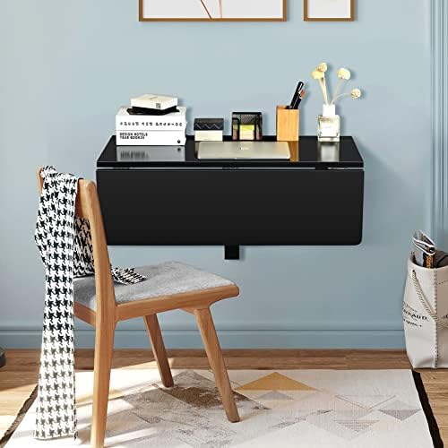 COSTWAY Wall Mounted Folding Table, 31.5" x 23.5" Drop-Leaf Floating Writing Desk for Small Spaces, Space-Saving Fold Down Laptop Workstation for Kitchen, Bedroom, Laundry Room, Study Room (Black)