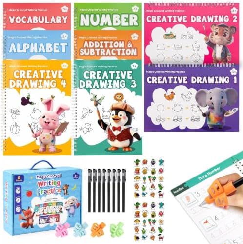8 Books Magic Grooved Writing Practice, Tiny Thinkers Reusable Indented Handwriting Practice for Kids 3-5