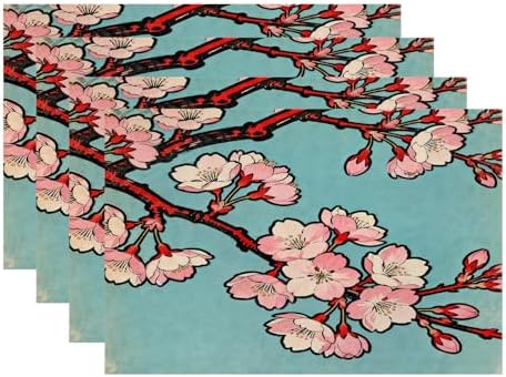 Batmerry Shabby Chic Cherry Blossom Linen Placemats Set of 4, Pink Floral Turquoise Background Washable Table Mats for Kitchen Table Thickened Heat Insulation Dining Set Indoor Outdoor 12X18 in