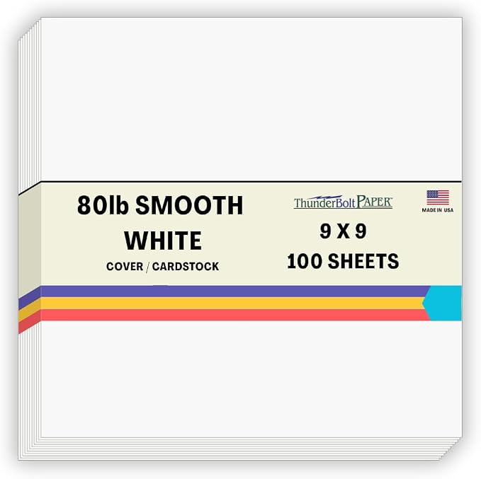 100 Bright White Smooth 80# Card Paper Sheets - 9" X 9" (9X9 Inches) Scrapbook Album Cover Square Size - 80 lb/Pound Cover Weight - Quality Paper - Consistency in Print - Smooth Finish