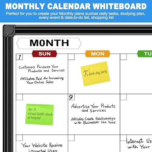 Calendar Whiteboard for Wall 24" x 18", with Black Aluminum Frame