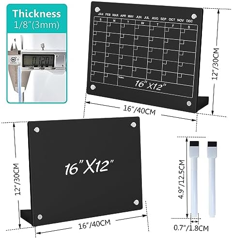 2PCS Black Acrylic Calendar Dry Erase Board with Stand for Desk, 16x12 Large Desktop Monthly Whiteboard Magnetic Fridge Memo Board, Daily Planner Chalkboard Easel for Office, School