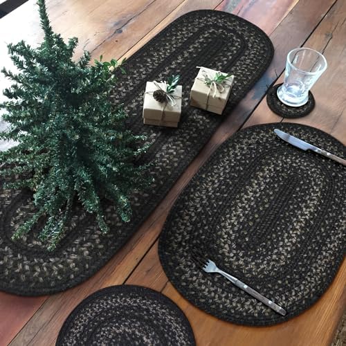 Homespice Jet Black Braided Table Runner for Primitive Decor, Oval 11x36