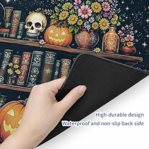 Pumpkin Bookshelf Large Mouse Pad, Black Cat Skull Desk Mat, 31.5"x15.75"