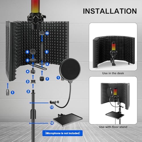 Aokeo Studio Recording Microphone Isolation Shield with Pop Filter & Tripod Stand,High Density Absorbent Foam to Filter Vocal,Foldable Sound Shield for Blue Yeti and Condenser Microphones