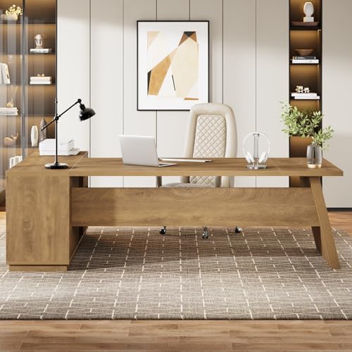 Tribesigns 78" L-Shaped Executive Desk, Large Modern Office Desk with Drawers and Lateral File Cabinet, Business Furniture with Storage Shelves, Big Computer Table for Home Office (Brown)