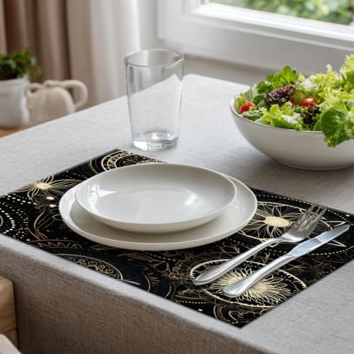 Batmerry Circular Patterns Floral Designs Placemats, Black and Gold Decorative Patterns Washable Linen Table Mats for Kitchen Table Double Insulation Decor Dining Set Indoor Outdoor 12X18 in Set of 6