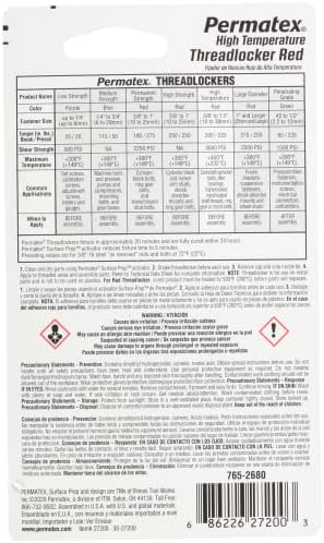 Permatex 27200-6PK High Temperature Threadlocker Red, 10 ml