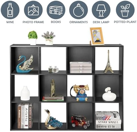 SUPER DEAL 12 Cube Storage Organizer, Open Shelf Bookcase, Wood Cubical Shelves Closet Cabinet Display Unit with 6 Removable Back Panels for Living Room Bedroom, 47 inch Wide, Black