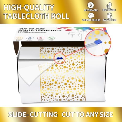 CXPSINC 54 Inch X 300 Feet Plastic Table Cover Roll Disposable Tablecloth with Slide Cutter for All Type/Shape Tables | Party, Banquet, Birthdays, Weddings(White Golden Dot, 300 Feet)