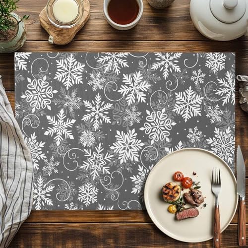 Christmas Placemat 1PC, Grey White Snowflakes Pattern Heat Resistant Washable Table Place Mats Winter Cotton Table Linens Party Holiday Decor for Kitchen Dining Outdoor Indoor