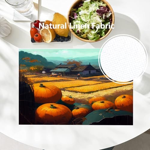 Batmerry Happy Thanksgiving Day Linen Placemats Set of 4,Pumpkin Harvest Golden Rice Fields Villages Washable Table Mats for Kitchen Table Thickened Heat Insulation Dining Set in & Out 12X18 in