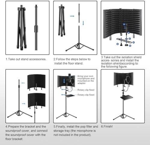 Professional Studio Recording Microphone Isolation Shield, Pop Filter,High density absorbent foam is used to filter vocal. Suitable for Blue Yeti and other condenser microphones (AO-504 With Stand)