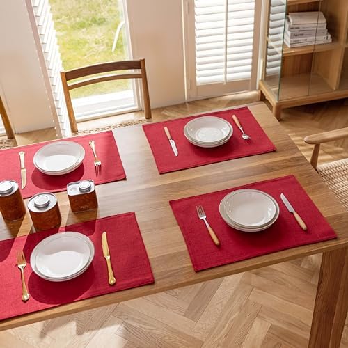 Demetex Placemats Set of 4 Heat Resistant Red Linen Place Mats Wipeable Cloth Placemats for Party Wedding Holiday Dinner, 13 x 19 inches, Wine Red