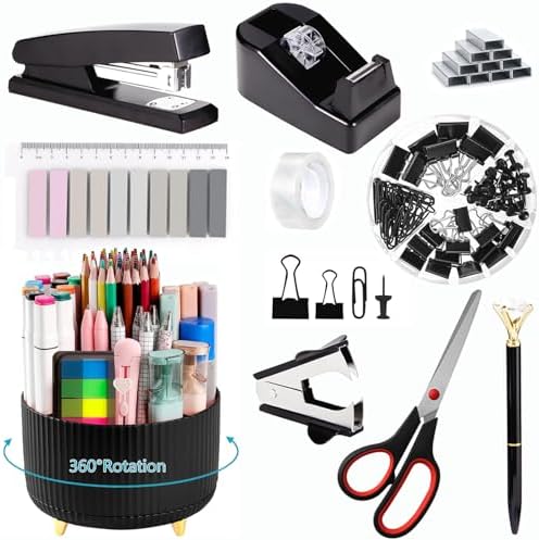Office Supplies,Black Desk Accessories,Office Supplies Set,Desk Organizer,Stapler,Tape Dispenser,Scissors,Staple Remover,Binder Clips,Staples,Ballpoint Pen,Index Tabs with Ruler,Clear Tape.10pcs