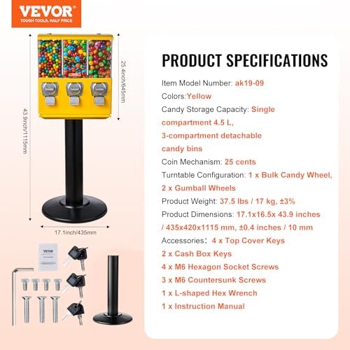 VEVOR Commercial Vending Machine, Triple Compartment Candy Dispenser with Iron Stand, Gumball and Candy Machine for Business, Coin Operated Gumball Bank for Toy Capsules Bouncy Balls Candy Nut, Yellow