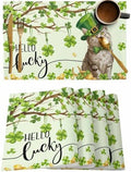Lucky Cat St. Patrick's Day Placemats Set of 4, Green Spring Shamrocks Tree Heat Resistant Washable Dining Table Mats Spring Holiday Farmhouse Decor for Kitchen&Table Linens Outdoor Indoor,