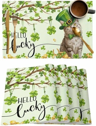 Lucky Cat St. Patrick's Day Placemats Set of 4, Green Spring Shamrocks Tree Heat Resistant Washable Dining Table Mats Spring Holiday Farmhouse Decor for Kitchen&Table Linens Outdoor Indoor,