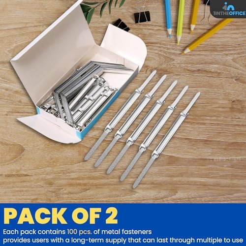 1InTheOffice Prong Fasteners, Heavy-Duty 2-Piece Set, 2.75-Inch Center, 200-Sheet Capacity, Metal, Silver, 100 Pieces, 2 Pack