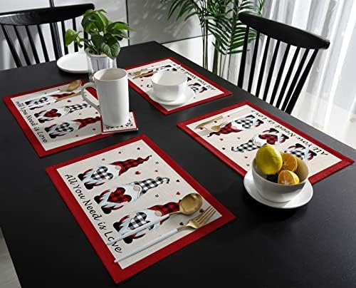 Vandarllin Valentines Day Gnomes Placemats Set of 6,Buffalo Check Plaid Love Hearts Polyester Stain Resistant Table Mats Washable Placemat Decoration for Kitchen Dining Table Rustic Farmhouse